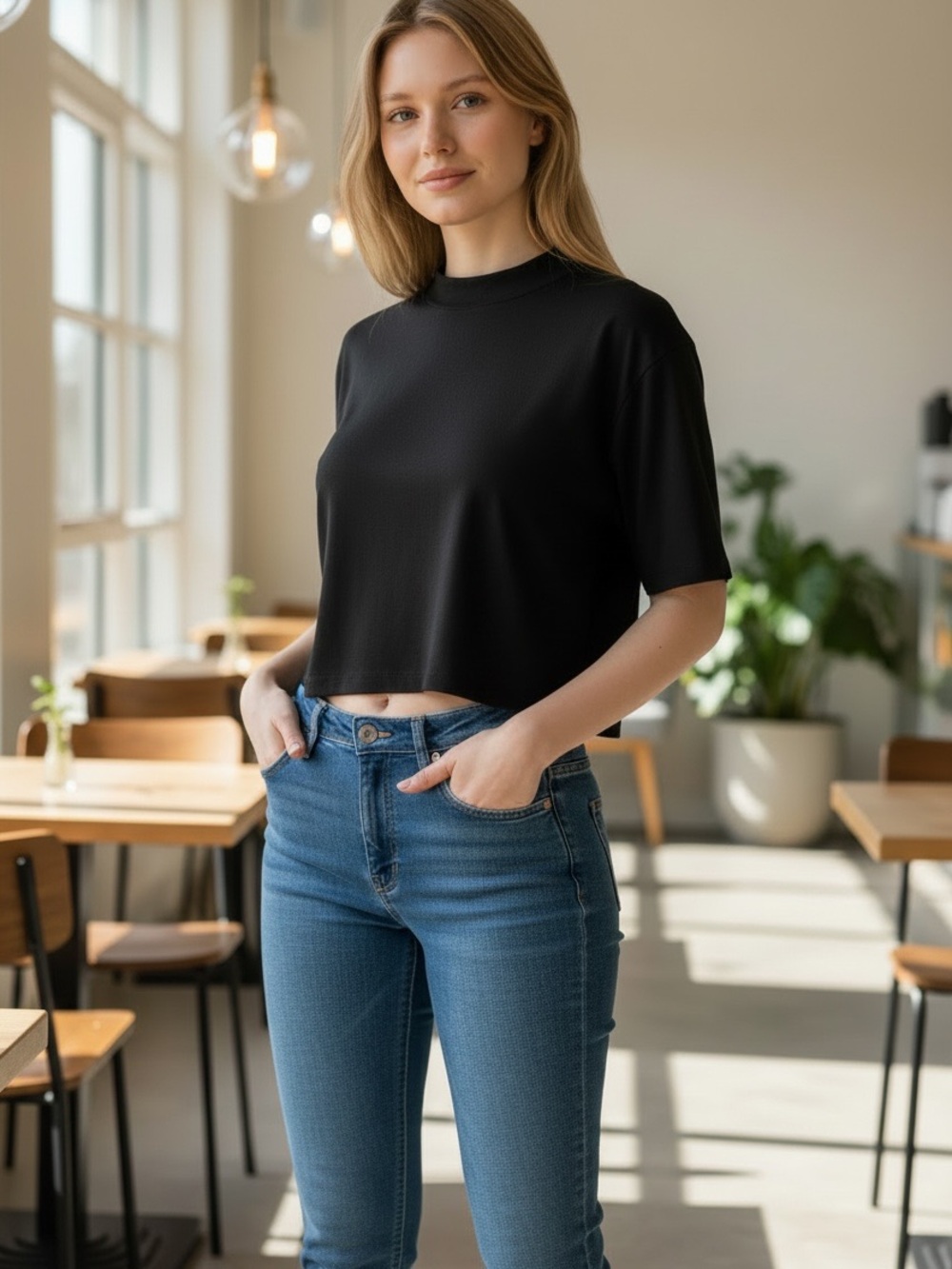 Talbots Black Crop Top Short Sleeve Mock Neck Size LP (Large Petite)
